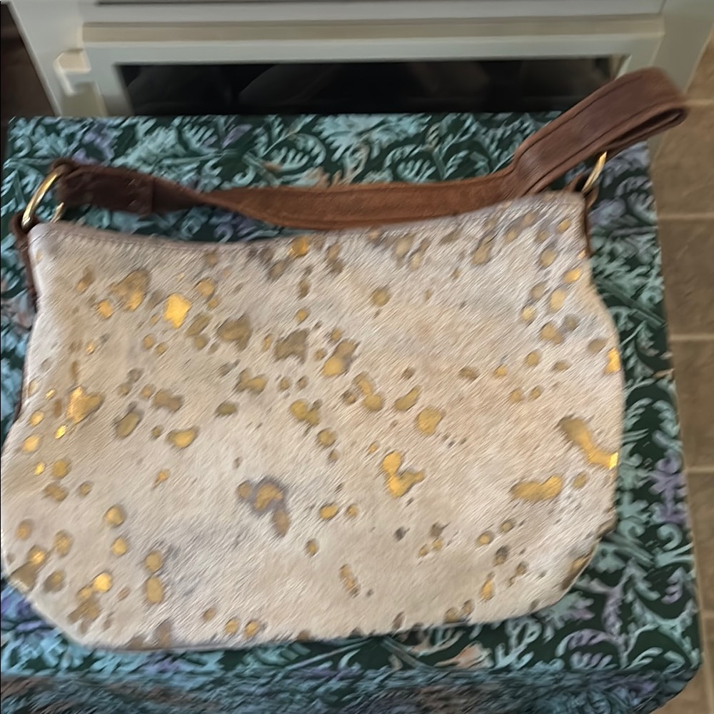 W&G leather and calf hide with gold splat hobo made in America Amish seemed